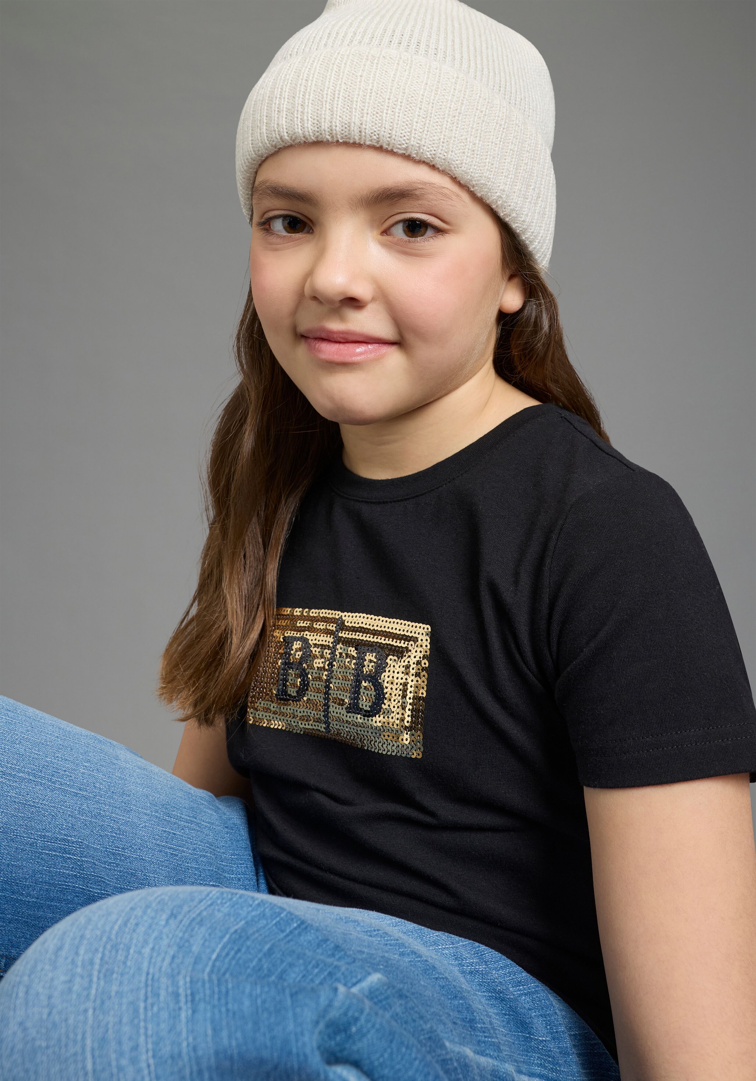 T-Shirt BRUNO BANANI "Banani Paillettenshirt für modische Girls", Mädchen, Gr. 164/170, schwarz, Single Jersey, Obermaterial: 95% Baumwolle, 5% Elasthan, bedruckt, unifarben, Basic, Rundhals, Shirts T-Shirt, modische Basic-Passform, Kurzarm, mit Paillette