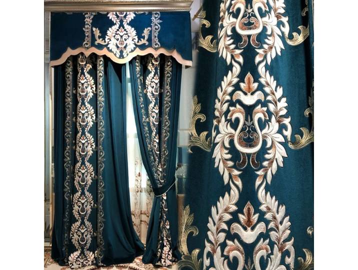 Rideaux de fenêtre brodés en flanelle bleue européenne, pour salon, chambre à coucher, Villa, fenêtre haute française, personnalisés