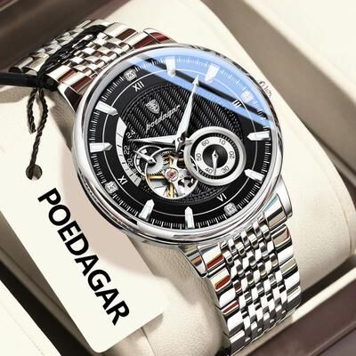 Uplift Essentials Hollow Tourbillon Mechanical Watch Luxury Luminous Automatic Stainless Steel Timepiece silver Black