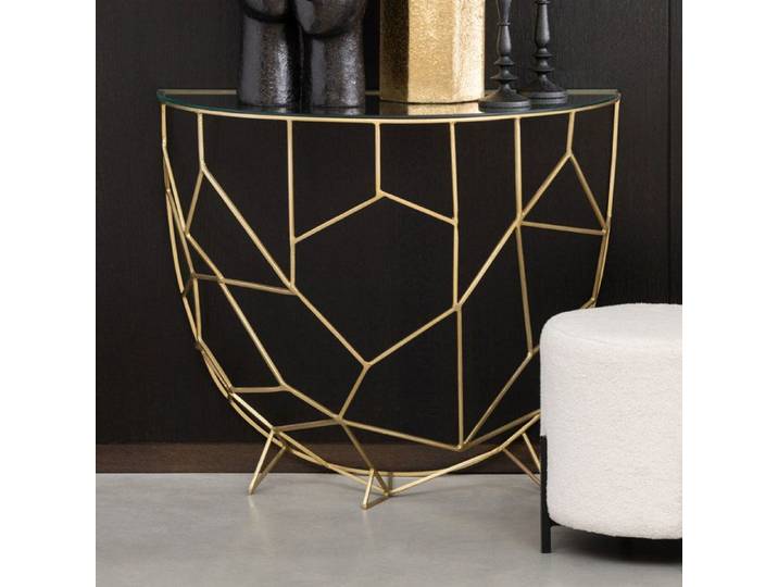 Console demi-lune vintage 90x46x76 cm en métal doré et verre - MOOZA