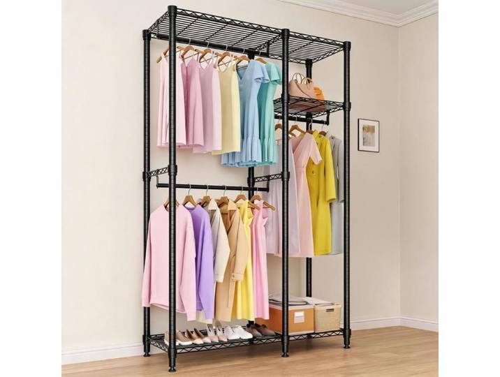 KOIOPLIE Portant à Vêtements - Penderie Autoportante Tringles Étagères Réglables - 2 Combinations - Chambre/Dressing - Noir