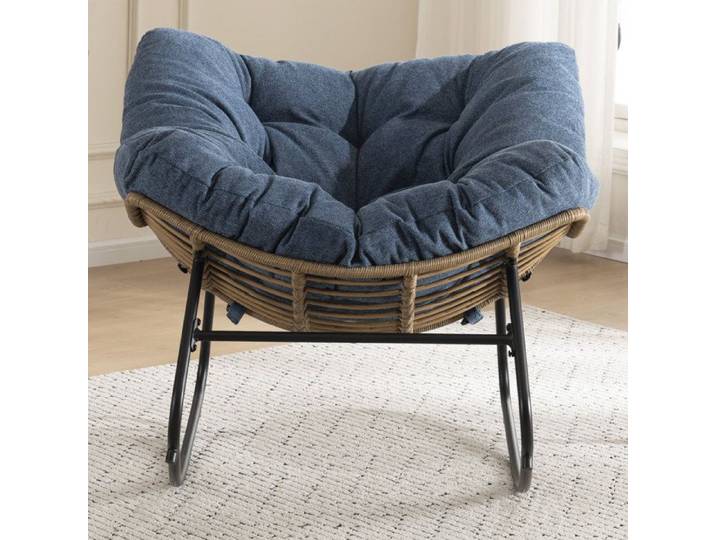 HOMVRA Fauteuil à bascule Papasan en chenille bleue structure en métal et osier avec accoudoirs