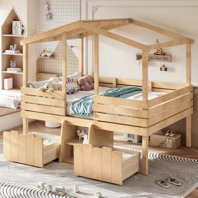 GREATPLANINC Low Loft Bed House Bed with Stairs and 2 Drawers ouse Shaped Roof