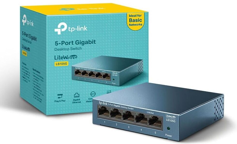 TP-LINK LS105G 5-Port Gigabit Network Switch – Metal Case, Energy-Saving, Plug & Play, QoS Support, Silent Operation, Desktop/Wall Mount, New