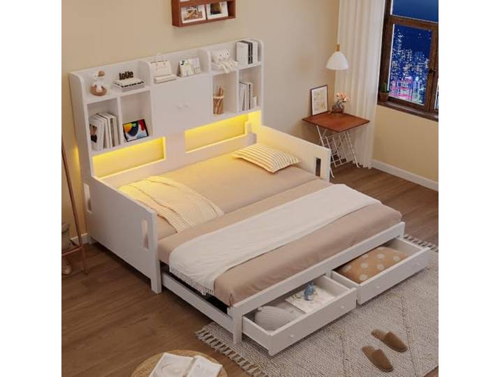 Merax Ausziehbares Schlafsofa Holz 90/180x190 cm mit Schubladen, Ablage, Steckdose & LED – Weiß (Ohne Matratze)