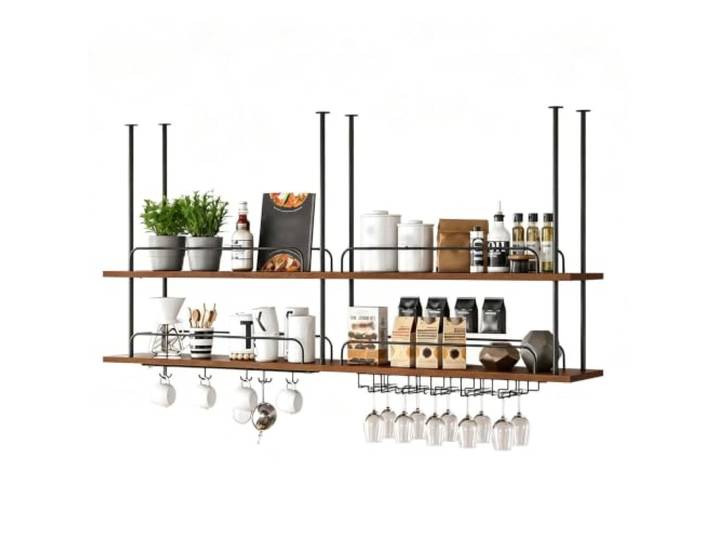Gaommini Deckenhängendes Weinglasregal mit Leitplanken-Weinflaschenhalter Schwebende Regale mit Stielglashalter, Metallrahmen, Bar, Küche, Topf- und Pfannenregal(2-TIER-140x30x80cm)
