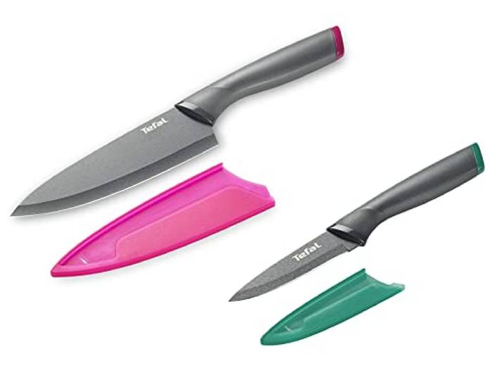 Tefal K122S2 Fresh Kitchen 2er Set Kochmesser 15 cm + Gemüsemesser 9 cm Edelstahl Klinge + titanverstärkte Antihaftbeschichtung Schutzhülle spülmaschinenfest Schwarz/Pink/Grün