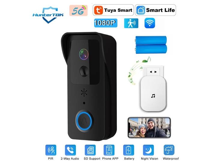 Sonnette de porte WiFi HD 1080P avec vision nocturne, détection de mouvement PIR, interphone 5G 2.4G pour maison intelligente Tuya