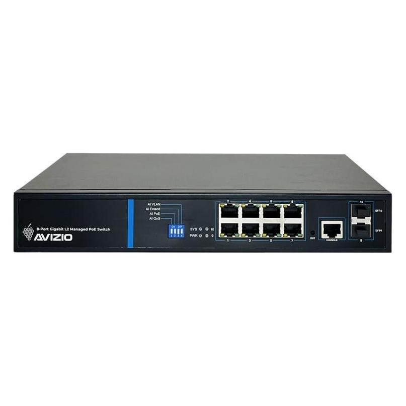 Avizio Switch 8x RJ45 PoE 1Gb/s + 2x SFP Uplink 1Gb/s + 1 RJ45 Konsolenanschluss (8 Ports) (AV-SM8GP2F)