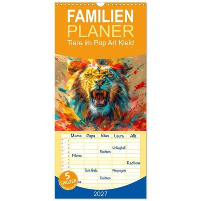 Familienplaner 2027 - Tiere im Pop Art Kleid mit 5 Spalten (Wandkalender, 21 x 45 cm) CALVENDO