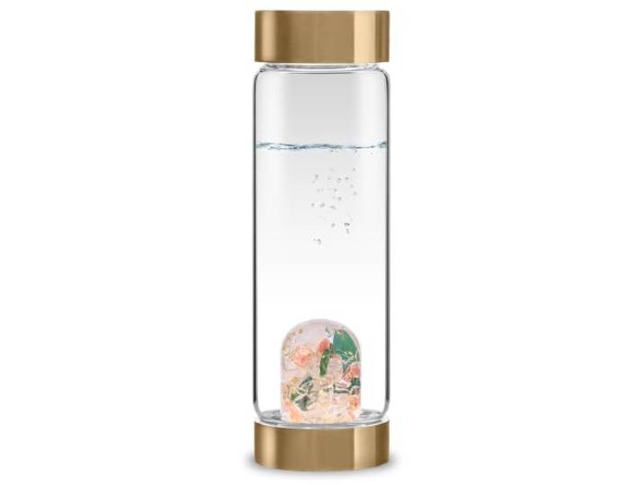 VitaJuwel ViA SHINE BRIGHT Wasserflasche mit 24k Gold · Rhodochrosit · Aventurin · Rosenquartz · Bergkristall Selbstwert · Strahlkraft · Präsenz