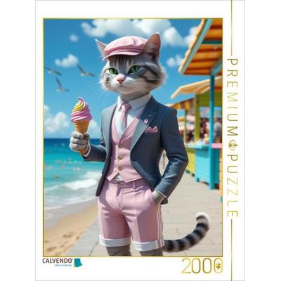 CALVENDO Puzzle Kater mit Eis im Sommeranzug - stilvolles Katzenmotiv am Strand | 2000 Teile Lege-Größe 90x67cm Foto-Puzzle für glückliche Stunden