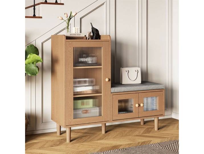 Meuble à chaussures d'entrée avec banc rembourré - Meuble à chaussures avec portes en verre - Naturel