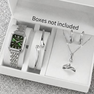 Fusion Finds Elegant Women's Quartz Watch Set With Rectangle Dial & Fashion Jewelry Gift Collection silver Green