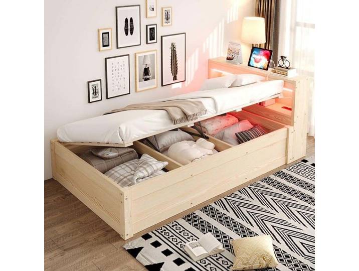 Lit simple coffre - YEHTOKHOME - Canapé-lit 90×200 cm - Tête de lit rangement & prises - LED RGB - Coffre hydraulique