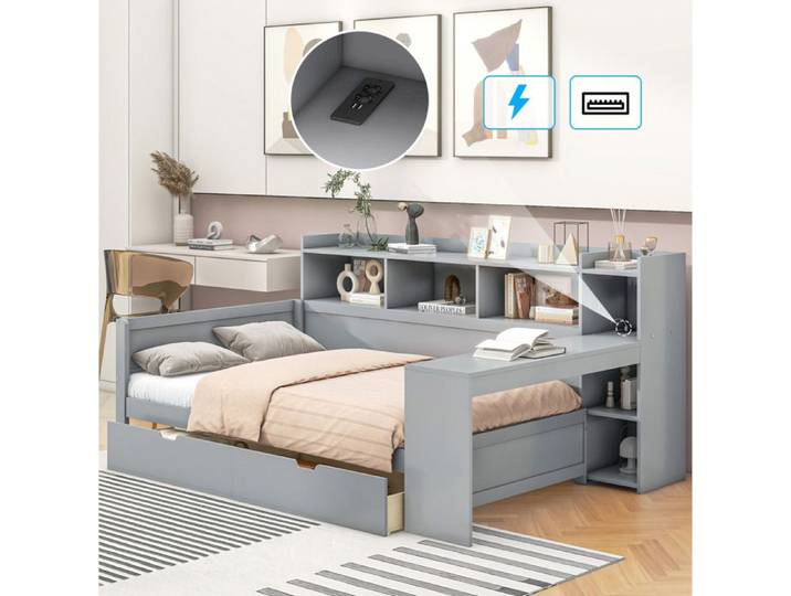 WUVRIE Lit 90 x 200 cm avec bureau intégré 2 tiroirs rangements prise USB gris