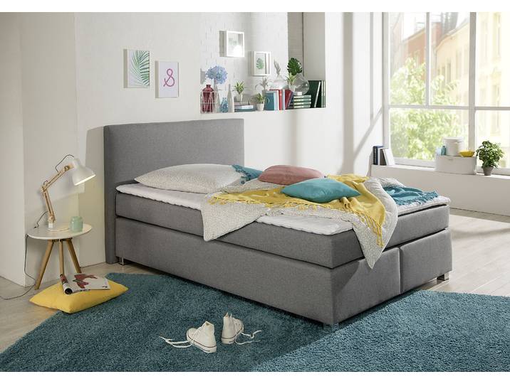 Boxspringbett, Strukturstoff, Grau, 127×210 cm, Inkl. Topper, Klassisch & Modern, Inosign