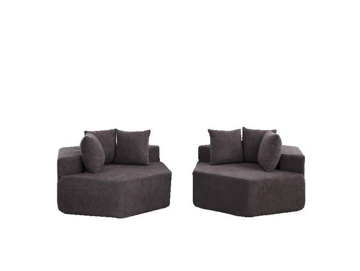Fauteuil modulable hexagonal 1 place en chenille grise avec 3 coussins style moderne