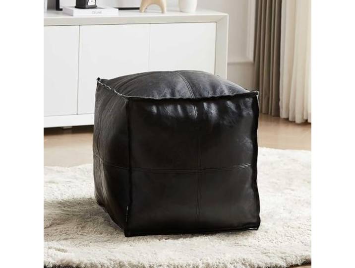 Louis Donné Ottomane Pouf Abdeckung, handgefertigter Outdoor Pouf Kunstleder Marokkanisch, Schwarz 45 cm quadratisch, Ottomane für Wohnzimmer Balkon Büro Outdoor für Neujahrsgeschenk