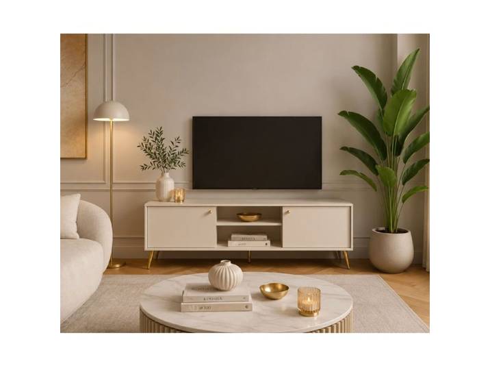 Meuble tv moderne beige cachemire et pied or EZIA