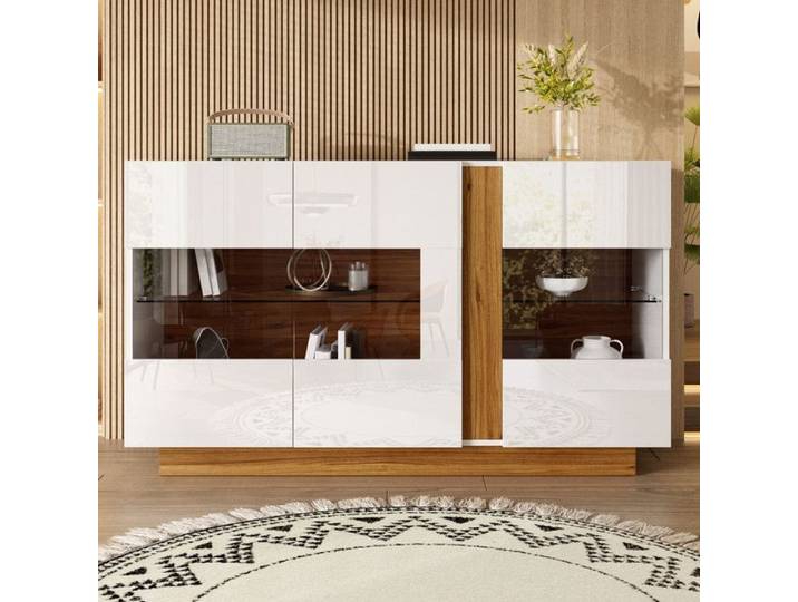 Bladez - Buffet rectangulaire moderne avec 3 portes 2 étagères et éclairage LED idéal pour les salons les salles à manger - Blanc