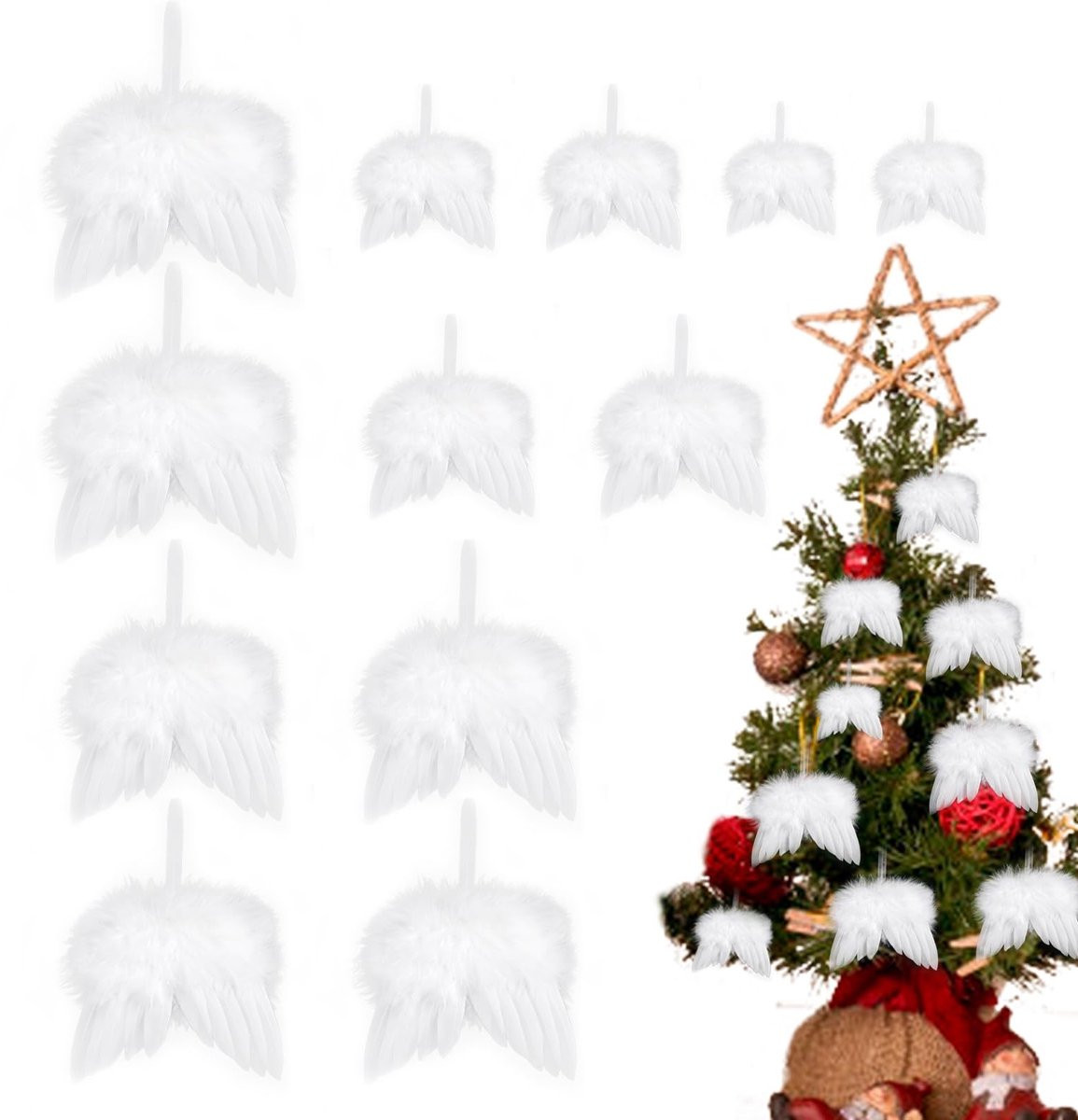 Dailygoods Engelenvleugels 12 stuks - Witte veren decoratie voor knutselen, kerstboomversiering en feesten - 5 maten