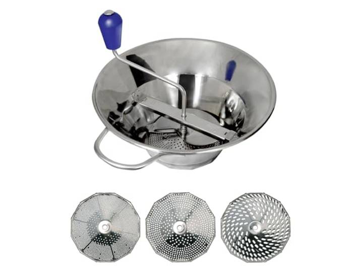 LOUIS TELLIER Flotte Lotte Edelstahl manuell Profi Gemüsemühle Made in France 3 Lochscheiben 1,5 2,5 4 mm 1,5 kg/min für Püree Suppe Kompott Saucen robust Ø 31 cm
