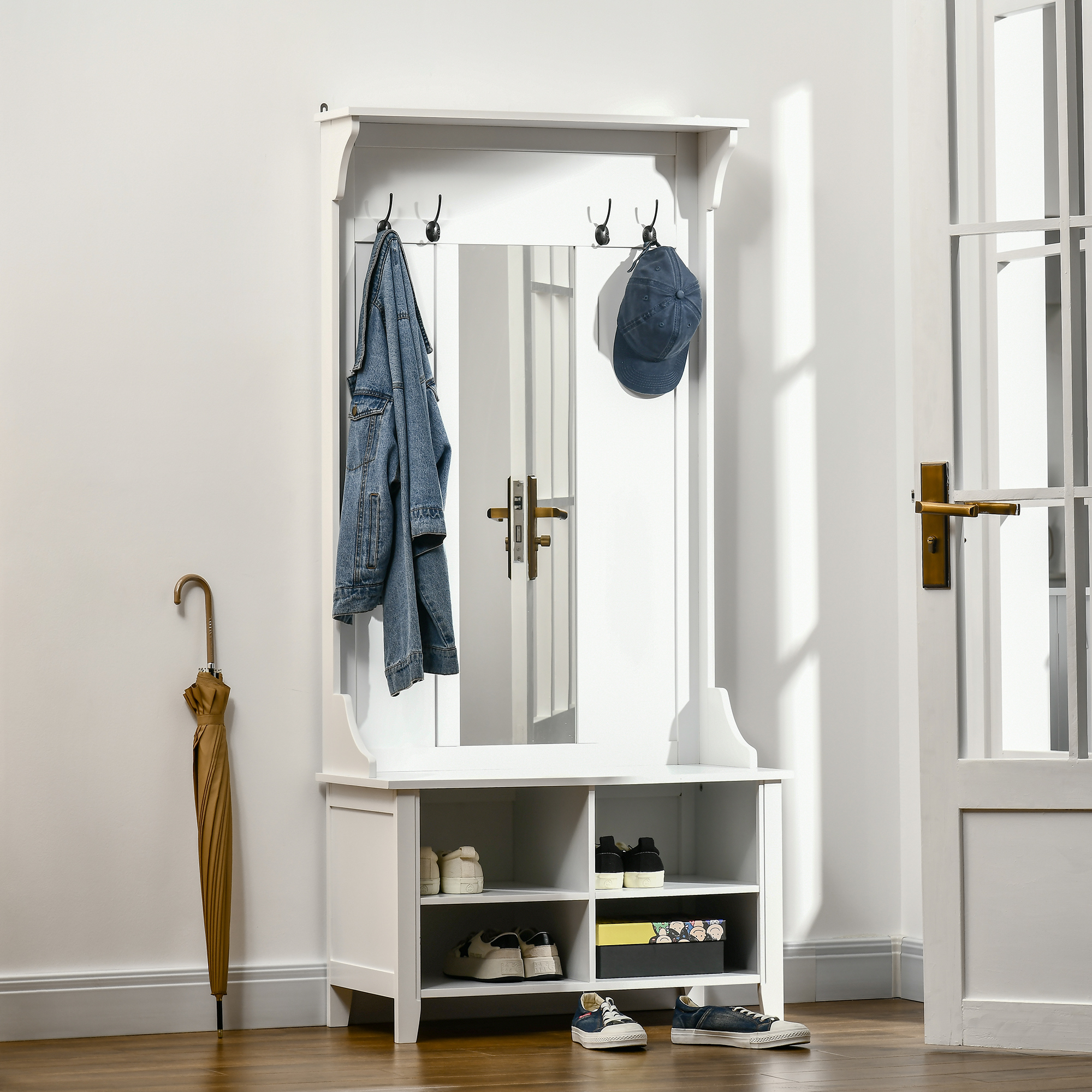 Homcom Mobile Ingresso con Appendiabiti Specchio e Scarpiera in Legno, 80x40x170cm, Bianco   Aosom Italy