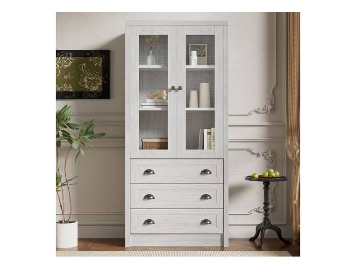 HAUSS SPOLE Highboard mit Glastüren, 3 Schubladen & Kupfergriffen für Wohnzimmer, Büro, Flur