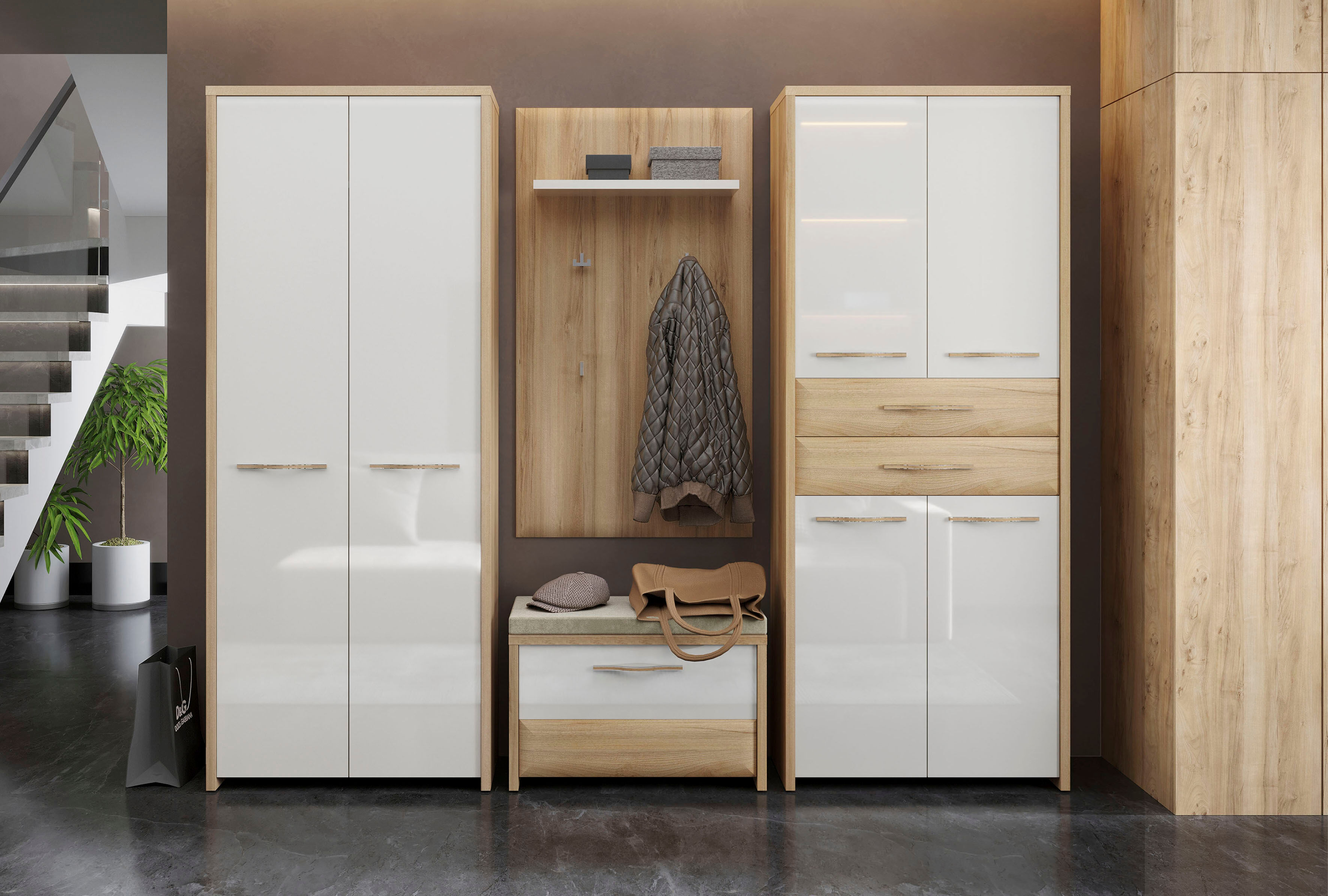Garderoben-Set OTTO HOME "Gala", beige (beige hg, pacific walnuss decor), B:226cm H:192cm T:36cm, Holzwerkstoff, MDF, Kastenmöbel-Sets, Garderoben-Set, Soft-Close Funktion, Hochglanz UV lackiert