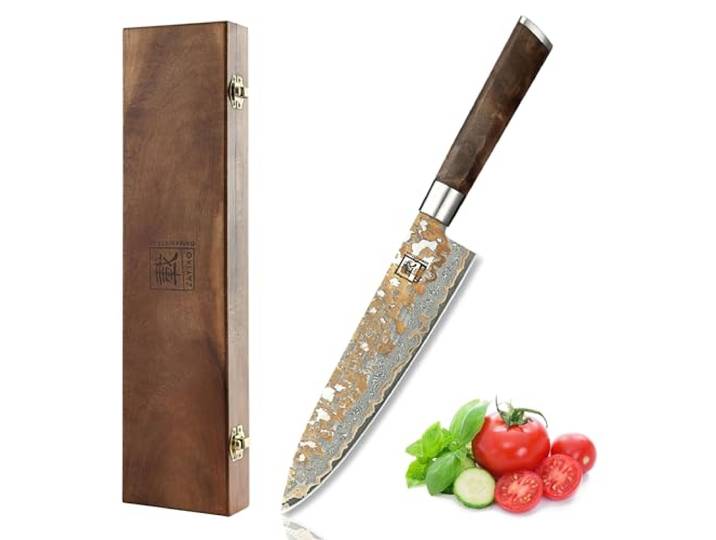 zayiko MysticMagma Chefmesser 20 cm Klinge, 67 Lagen Damaststahl, VG10-Kern Kupfer-Bronze-Einlage, DualCurve-Griff aus Ahornwurzelholz, 60 ± 2 HRC und 15° V-Schliff je Seite für Druck- und Zugschnitte