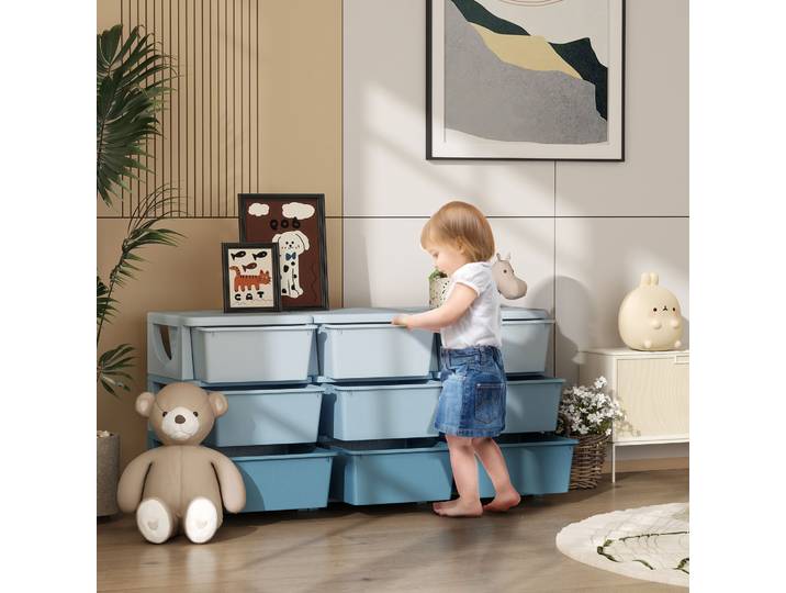 HOMCOM Boîte Rangement Enfant 9 Tiroirs Bleu