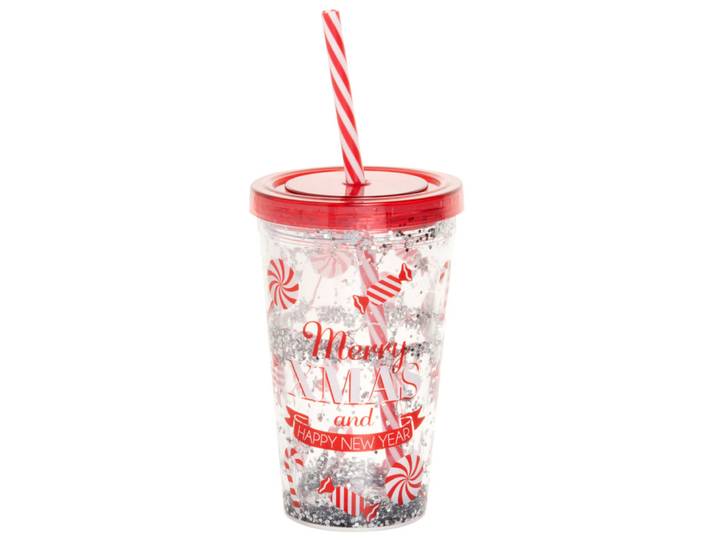 Trinkbecher mit Strohhalm mit rot-weißen Weihnachtsmotiven
