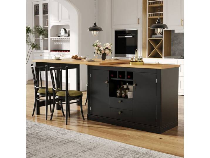 Meuble bar extensible IVMEU 120-180 cm avec rangement MDF noir et naturel