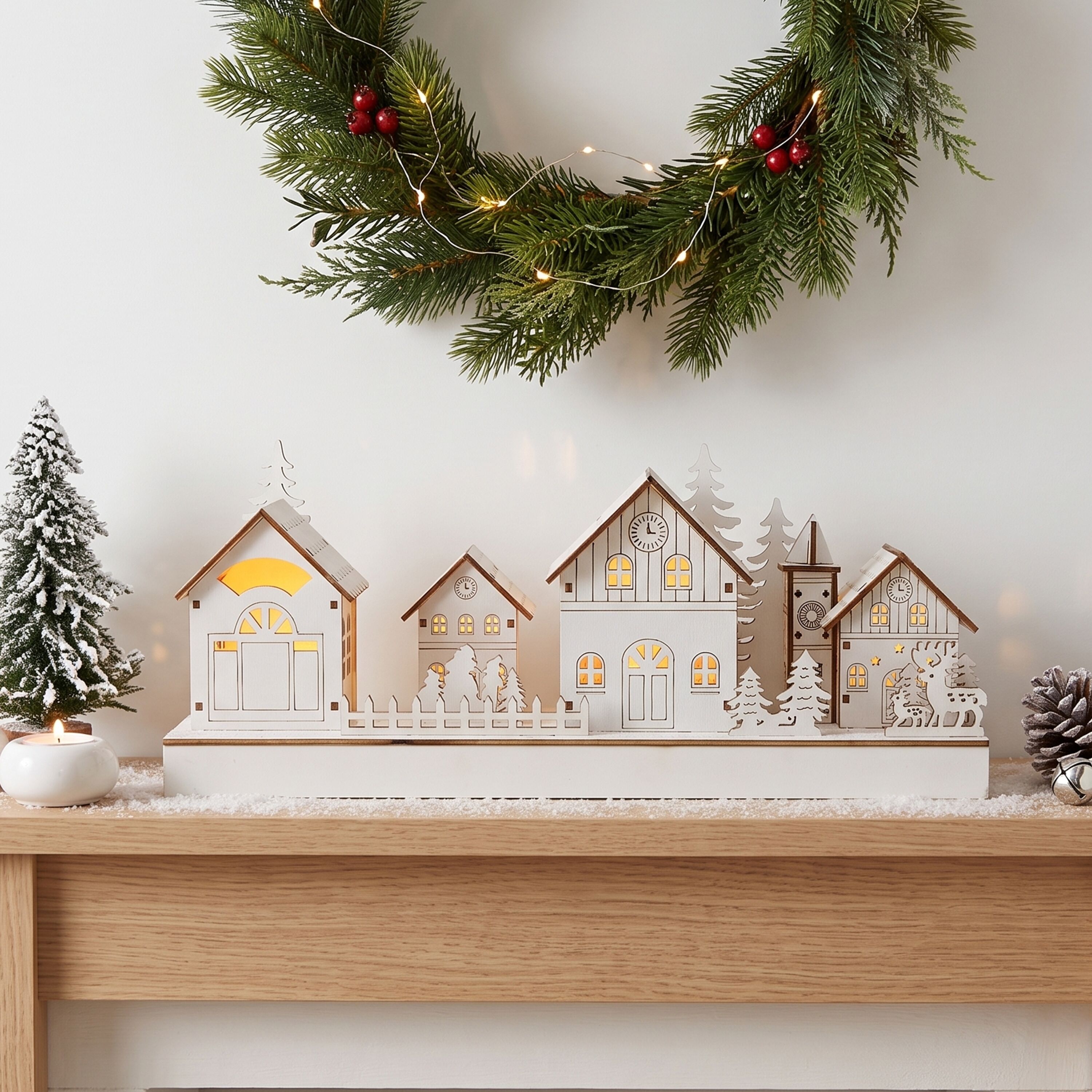 Weihnachtsdorf OTTO HOME "Weihnachtsszene weiß", weiß, Holzwerkstoff, Weihnachtsdörfer, Weihnachtsdorf, LED-Licht, detailreich gestaltete Winterszene