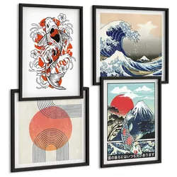 BILDER SET 4er Set - 50x50 cm & 40x60 cm Schwarzer Rahmen - Illustrationen von Fischbergen, die sich in Japan ausbreiten