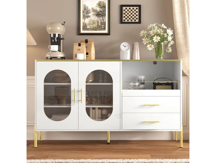 Buffet moderne 140x38x90cm - Avec 2 tiroirs - avec 2 portes vitrées - Blanc