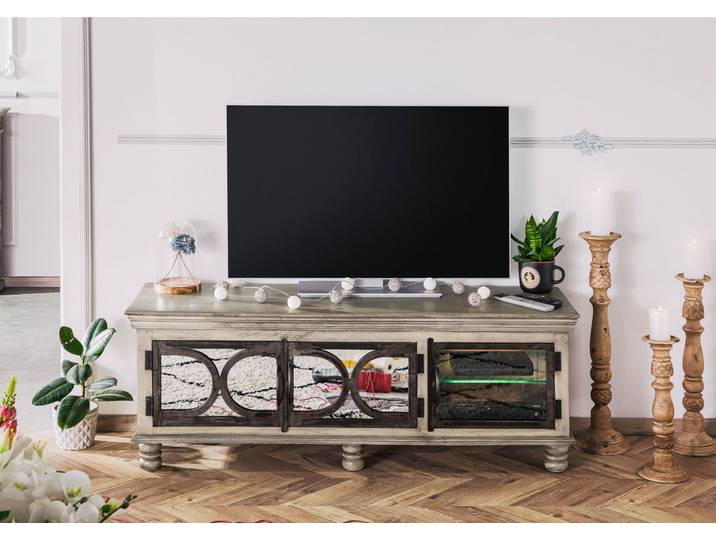 Meuble TV 150x45 Manguier laqué Gris HERMITAGE #612