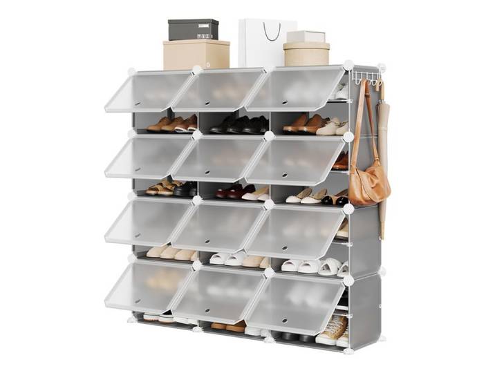 Organisateur De Chaussures Et Bottes-Armoire à Chaussures Modulable Avec Portes Transparentes Anti-Poussière -124x34x125cm-Gris