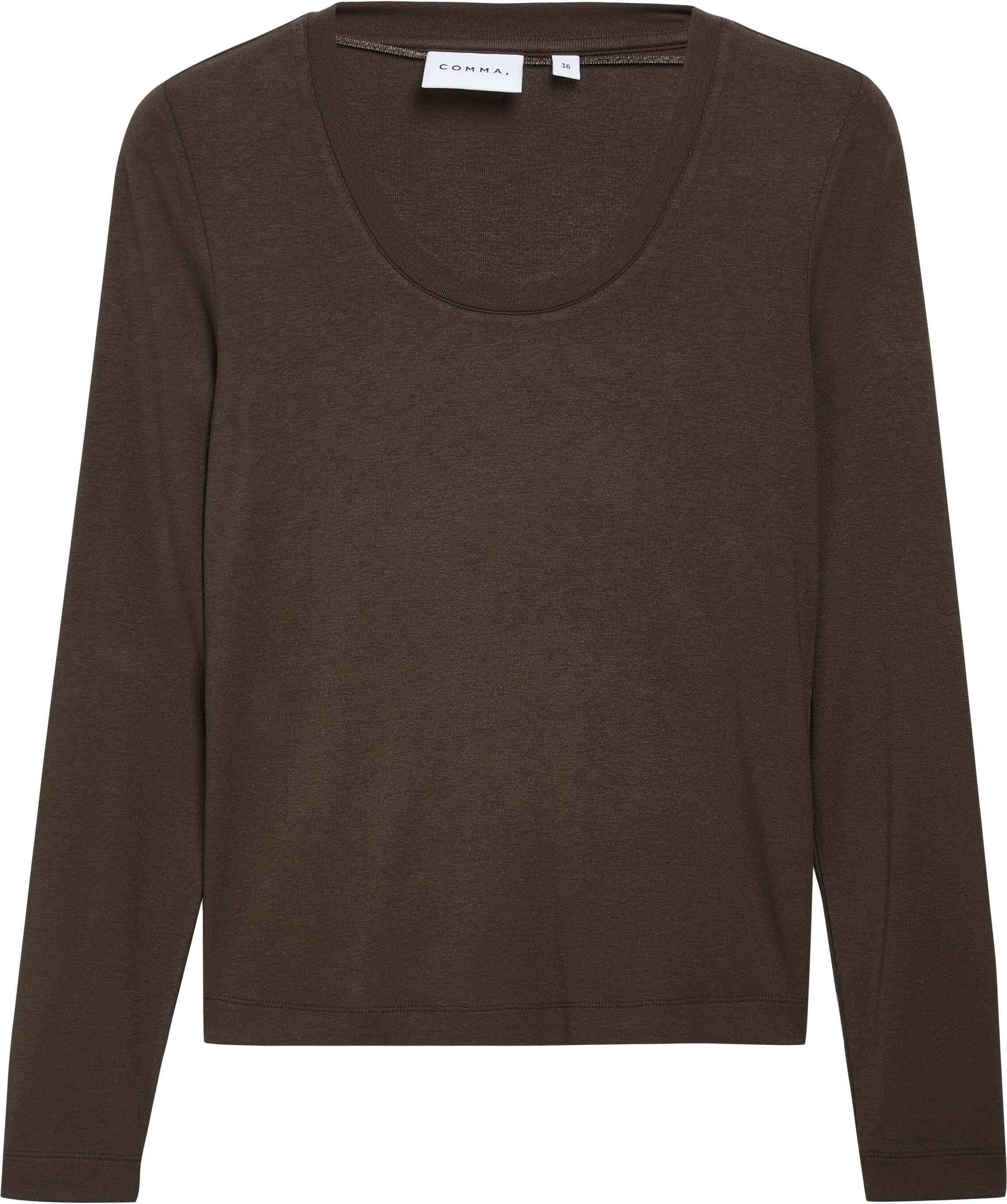 Langarmshirt COMMA, Damen, Gr. 34, braun, Single Jersey, Obermaterial: 95% Viskose, 5% Elasthan, unifarben, körpernah hüftbedeckend, tiefer Rundhals, abgesteppte Kante, Shirts Langarmshirt, mit tiefem Rundhals / Viskose-Stretch braun 34