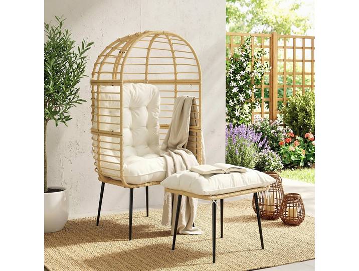 Outsunny Fauteuil Œuf Rotin avec Pouf Coussin Épais Métal Beige