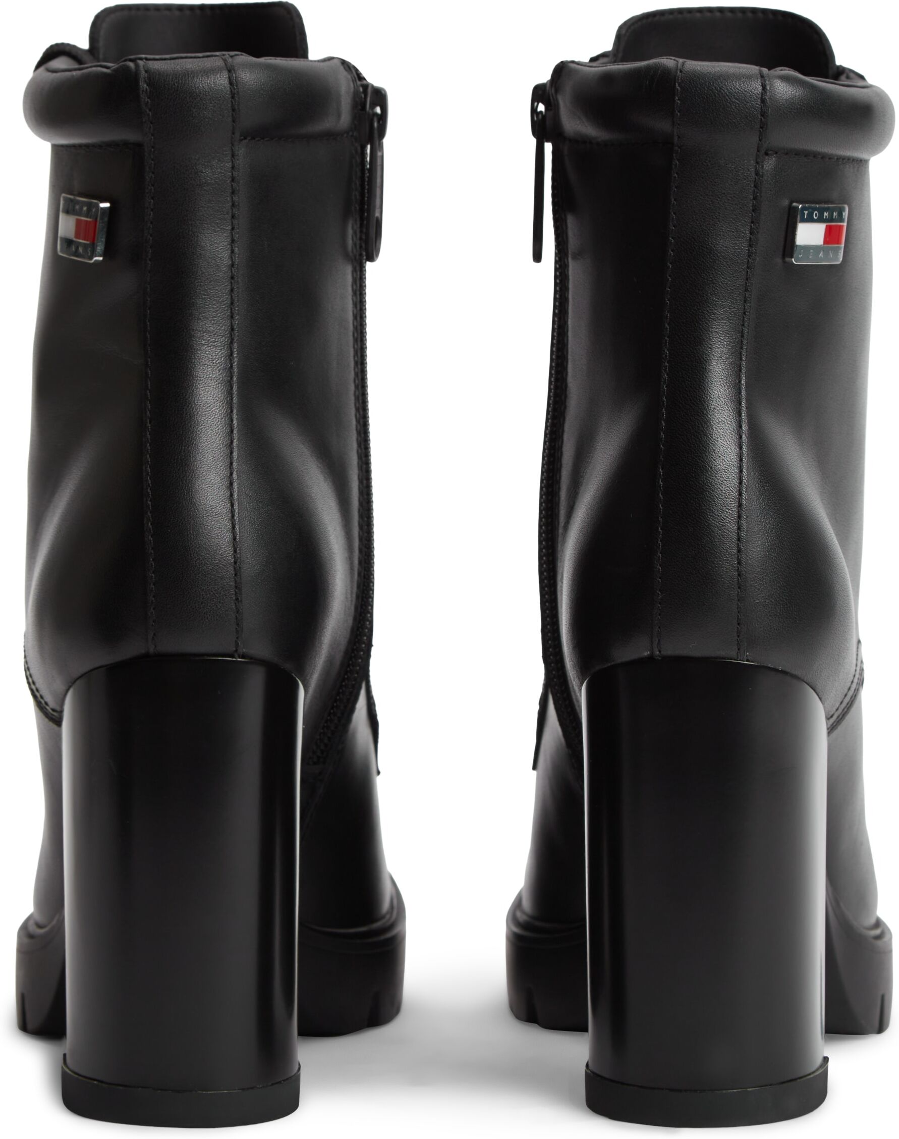 High-Heel-Stiefelette TOMMY JEANS "TJW LACE UP HIGH HEEL BOOTS", Damen, Gr. 41, schwarz, Leder, Schuhe High-Heel-Stiefelette, Blockabsatz, Schnürstiefelette mit Logoflag