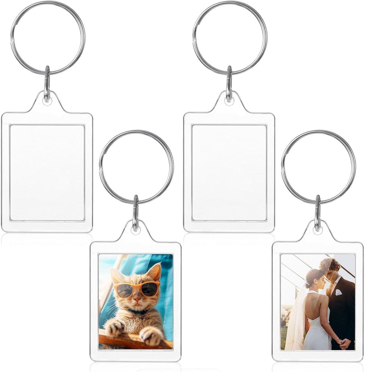 Set van 4 transparante acryl foto-sleutelhangers met dubbelzijdige fotolijstjes en sleutelring