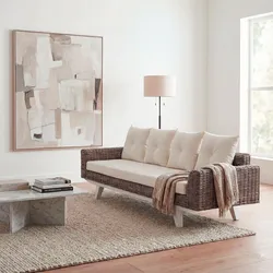 Sofa HWC-M32, 4-Sitzer Couch Rattansofa Loungesofa mit Kissen, 209cm Kubu Rattan natur Stoff/Textil Polster creme