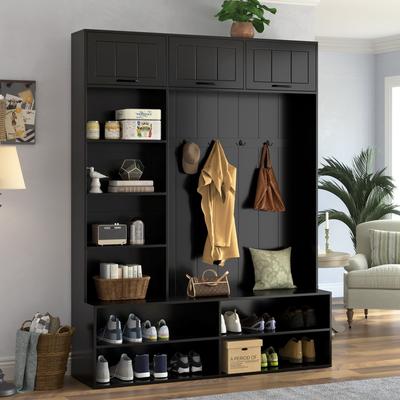 GDFStudio Valerian Wood Hall Tree with Bench and Adjustable Shoe Storage Organizer