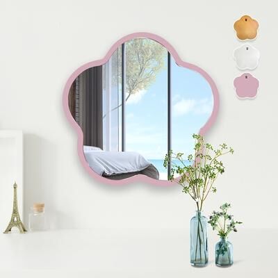 Fusion Finds Cute Flower Wall Mirror Acrylic Wooden Decorative Mirror For Kids Room, Dorm & Vanity Wall pink
