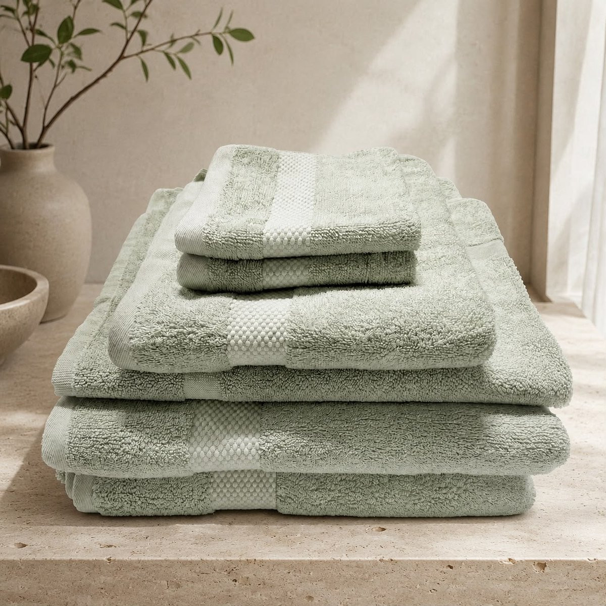 The Linen Room Badkamerset – 6-delig – Saliegroen – 100% Katoen – OEKO-TEX®