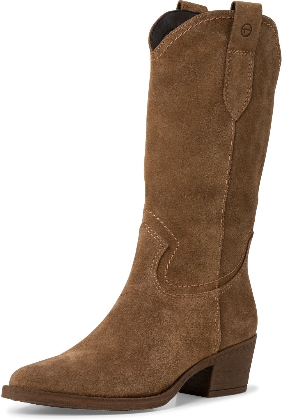 Westernstiefel TAMARIS, Damen, Gr. 37, Textil, Normalschaft, braun, Veloursleder, unifarben, Schuhe Cowboystiefel Reißverschlussstiefel, Blockabsatz, Cowboystiefel in spitzer Form, Topseller