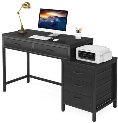 ROSE 5 Drawers Computer Desk, Study Writing Desk with Reversible Filing Cabinet for Home Office