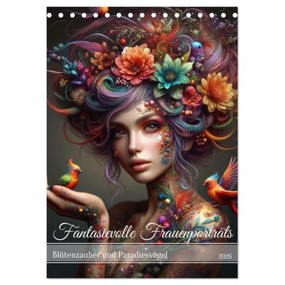 Fantasievolle Frauenporträts - Blütenzauber und Paradiesvögel (Tischkalender 2026 DIN A5 hoch), CALVENDO Monatskalender